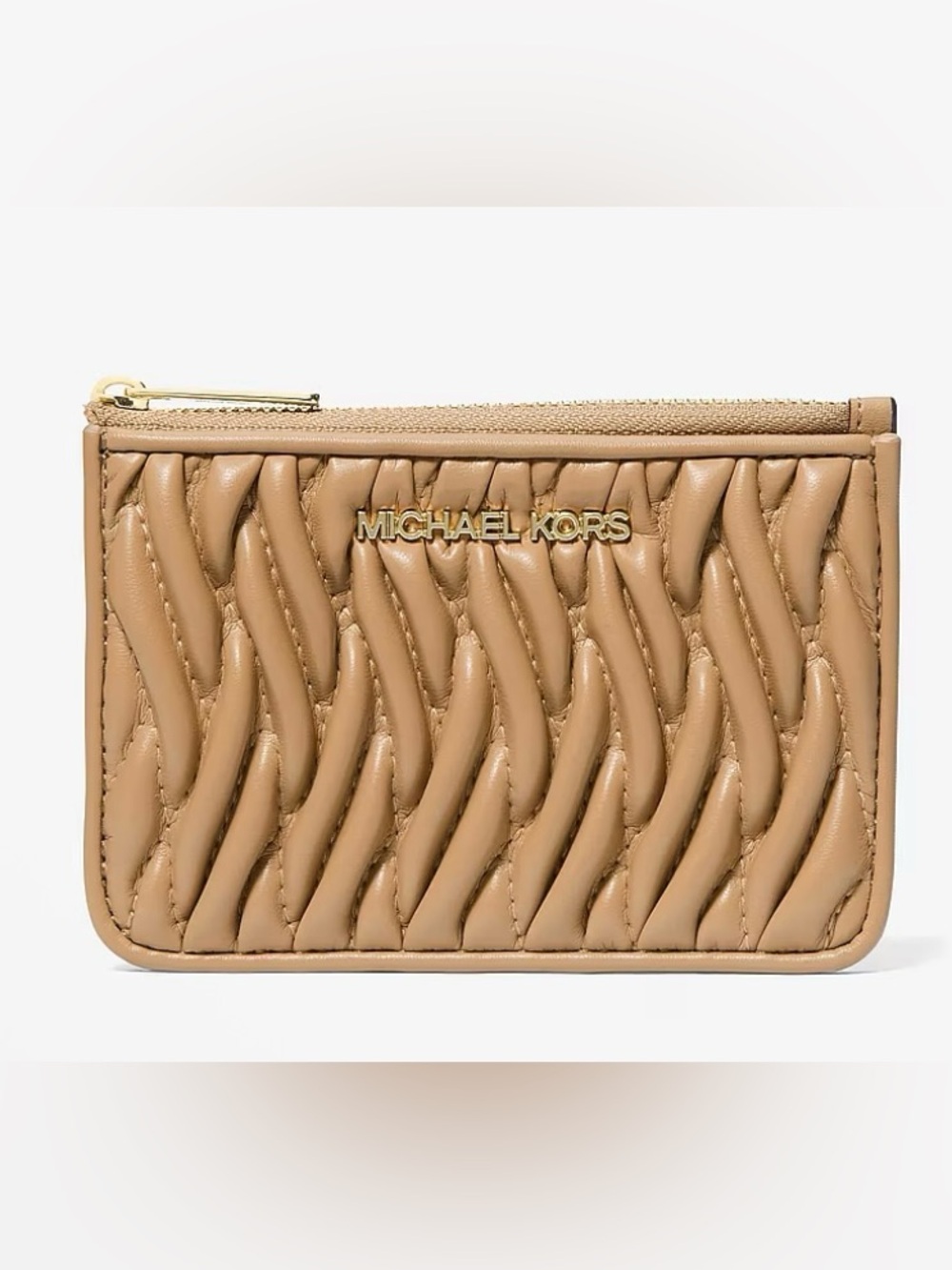 Michael Kors Quilted Beige Zip Card Holder with Gold Logo